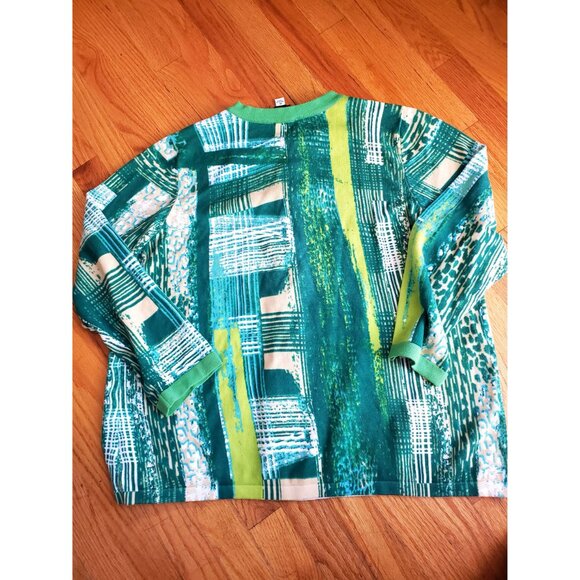 Bob Mackie Wearable Art XL Green Abstract Buttons Cardigan Sweater 3/4 Sleeves - Picture 4 of 7
